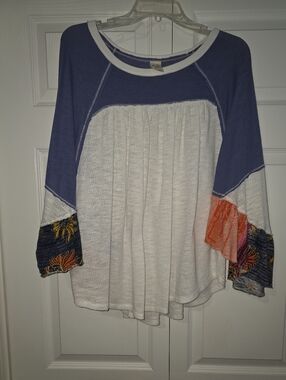 We The Free White Tunic with Blue Yoke & Floral Bell Sleeves